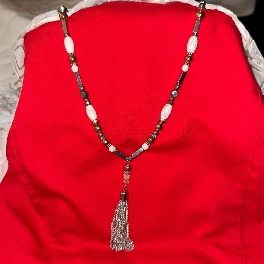 Silver & Rose Gold Tone Necklace with a White Gray Magnesite Consume Jewelry